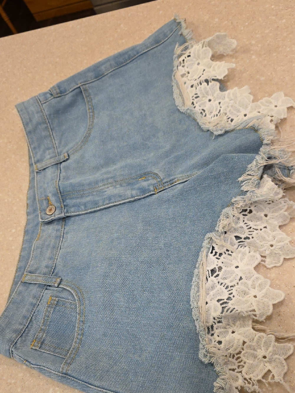 Light Wash Denim Lace Trim Shorts